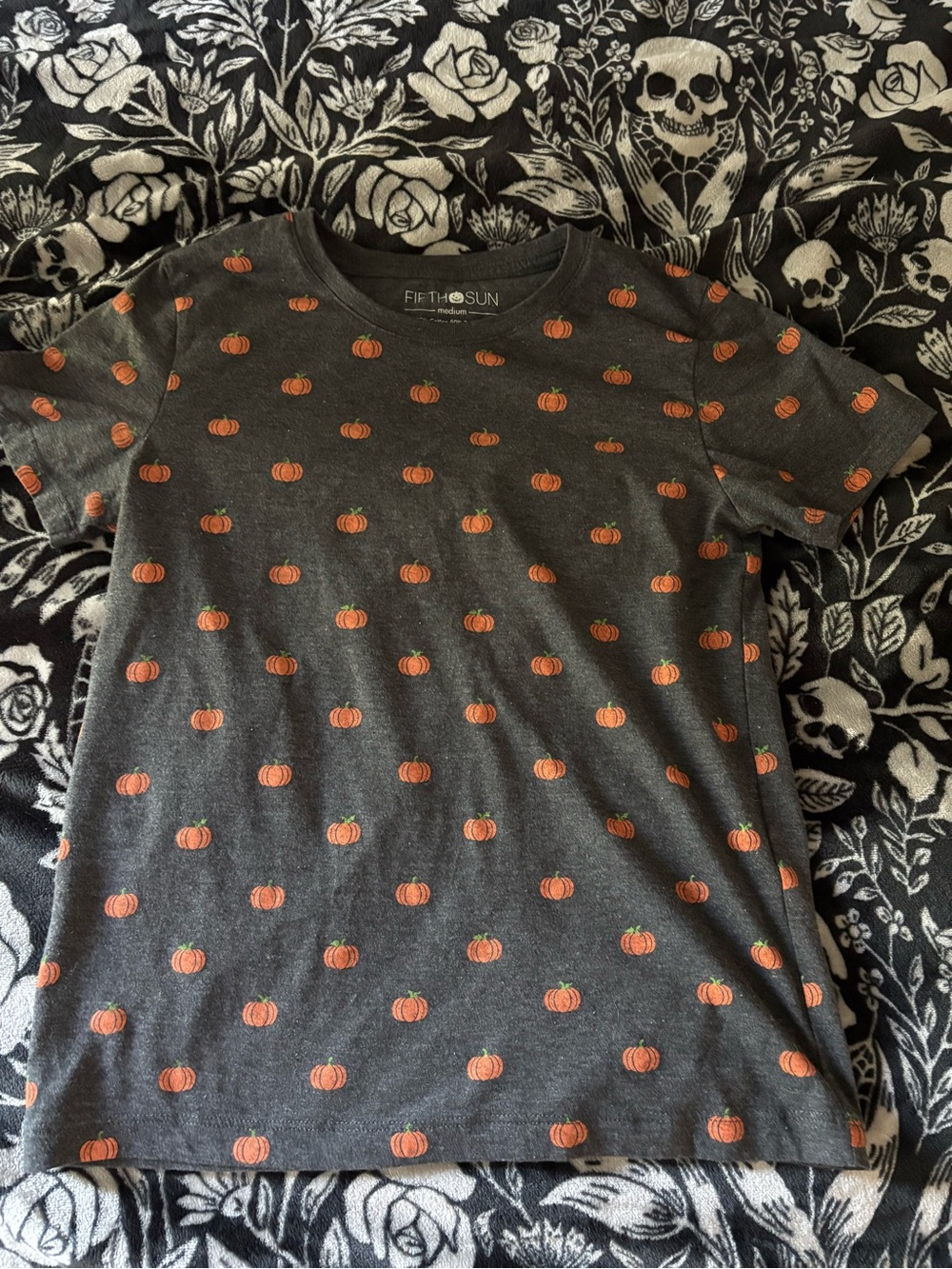 Fifth Sun Charcoal Short Sleeve Tee with Orange Pumpkin Print